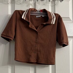 Aritzia Brown Button Down Shirt with Striped Collar